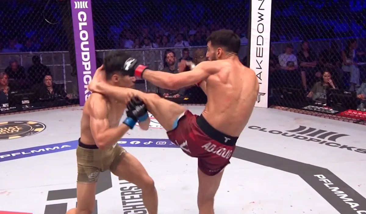 Adjoudj's vicious head-kick KO proves brutal effectiveness over finesse in mixed martial arts.